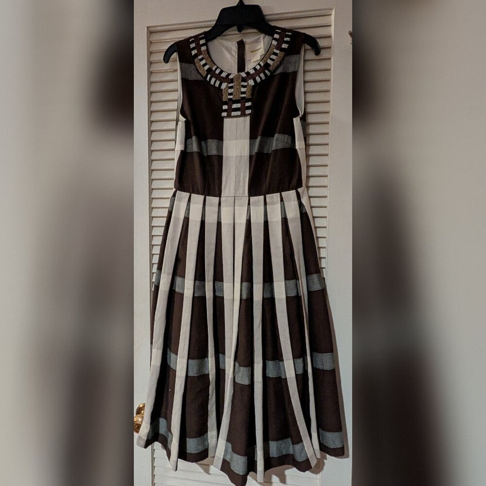 Maeve Anthropologie Beaded Plaid Brown & Cream Dress | Size 0